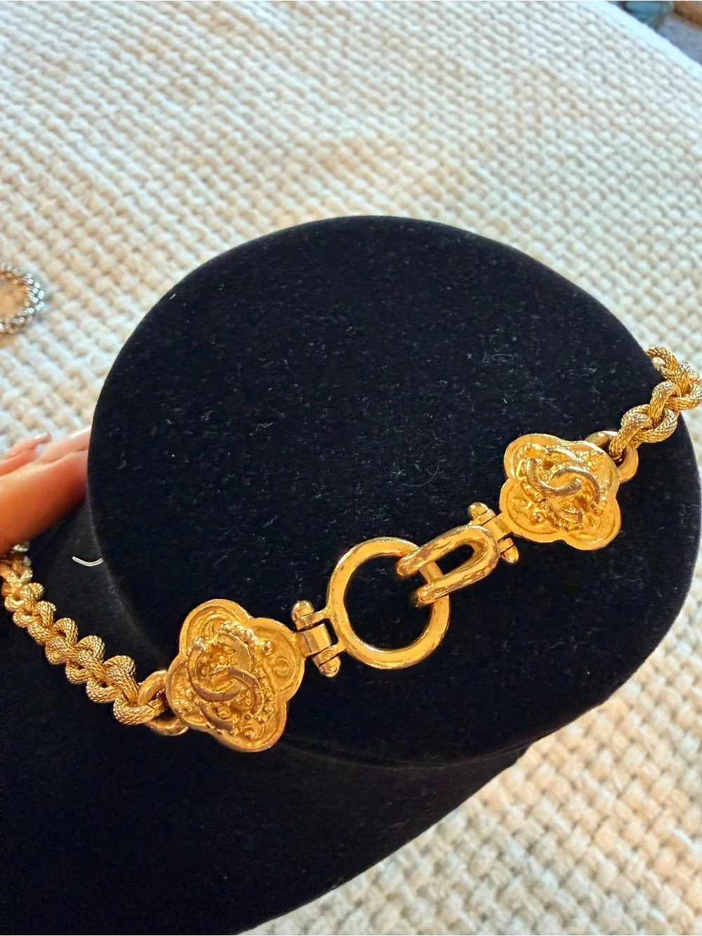 CHANEL Gold and White Oval CC Pendant Necklace